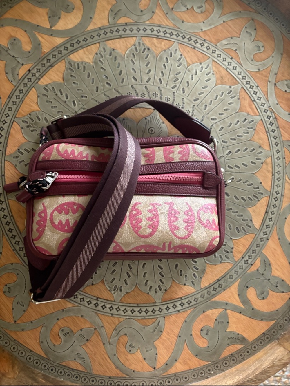 Coach Pink Logo Canvas Crossbody with Plum Trim